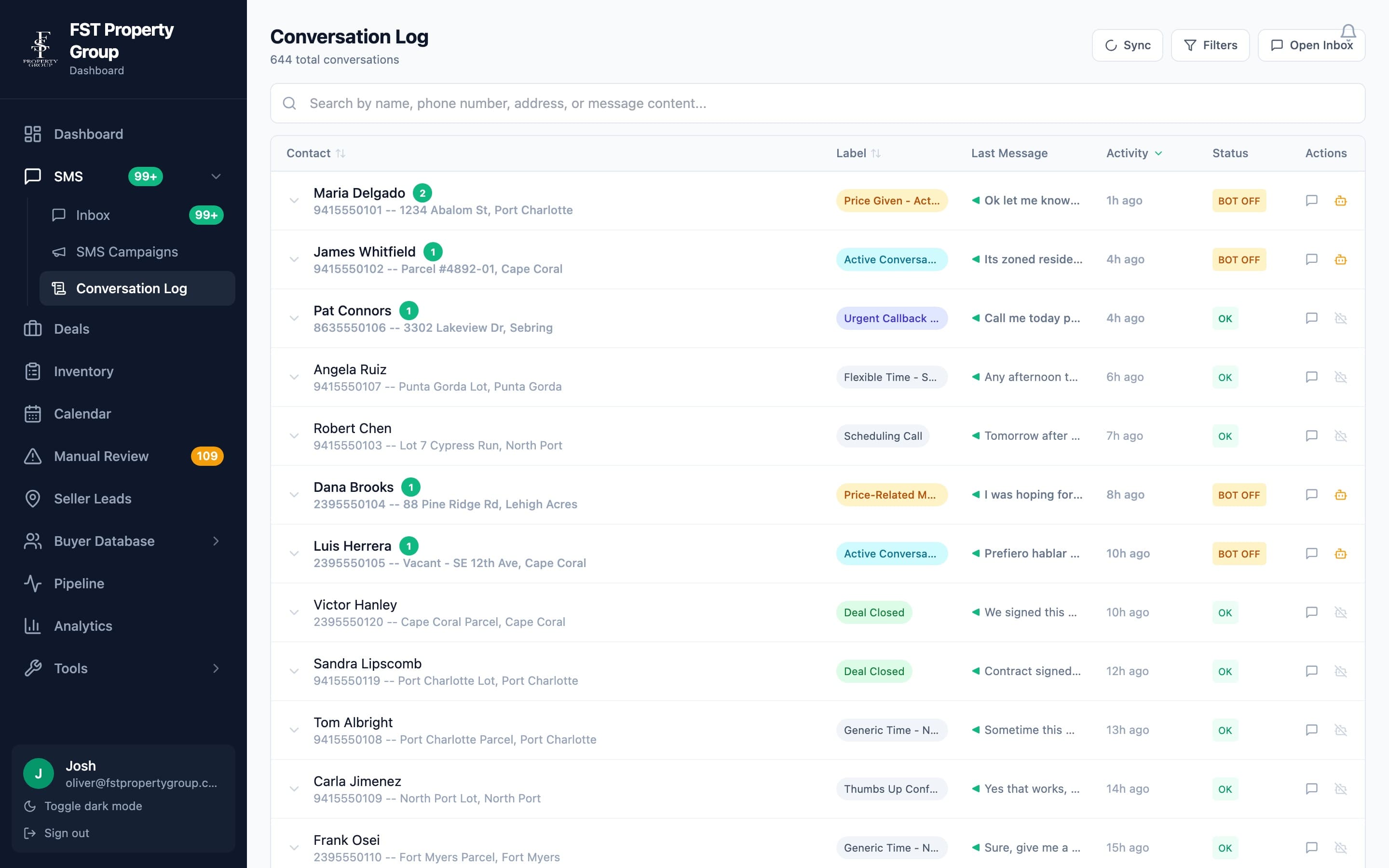 Conversation log showing active leads with labels, bot status, and last message timestamps