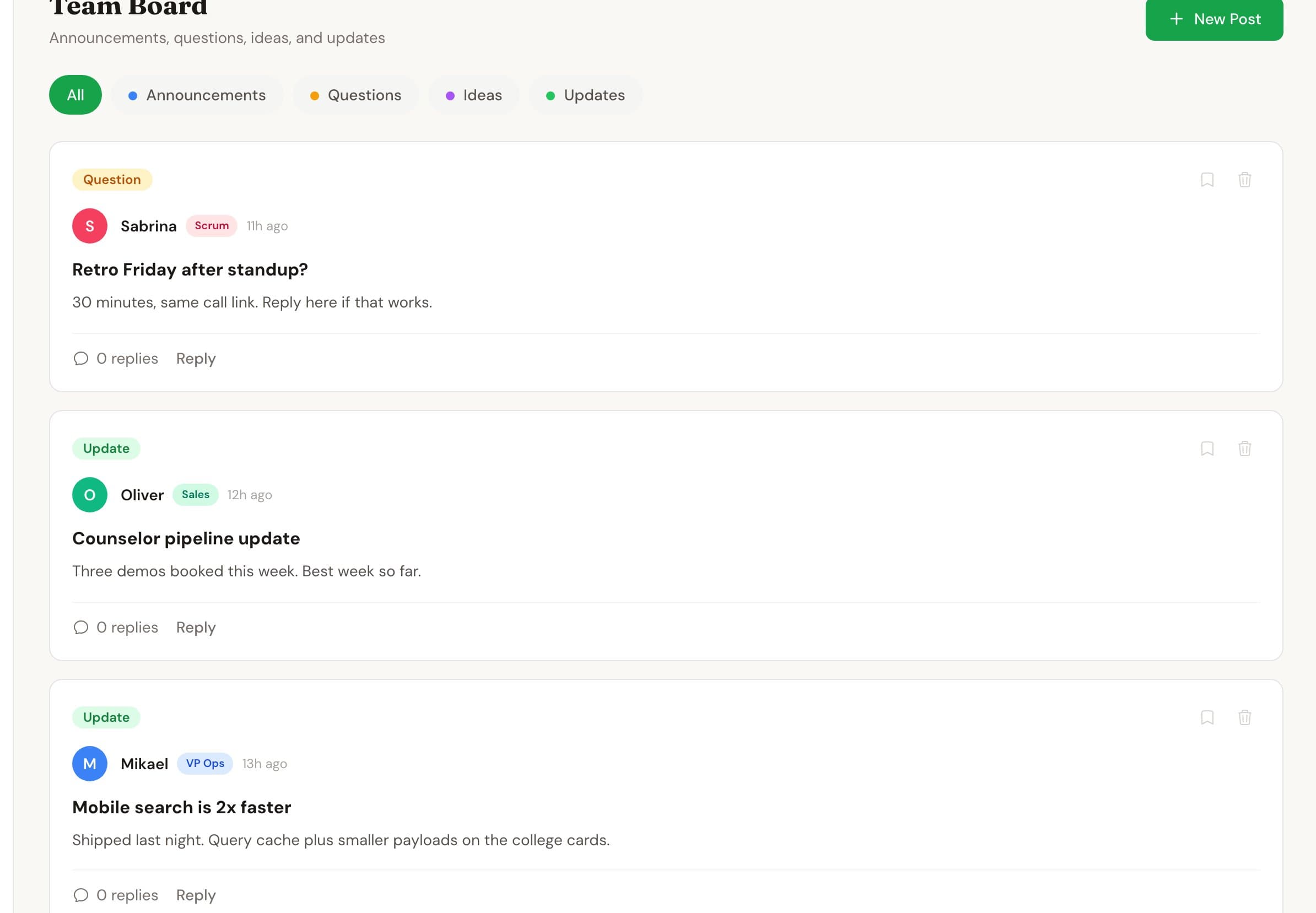 GradFax Marketing OS team board with announcements, questions, and updates