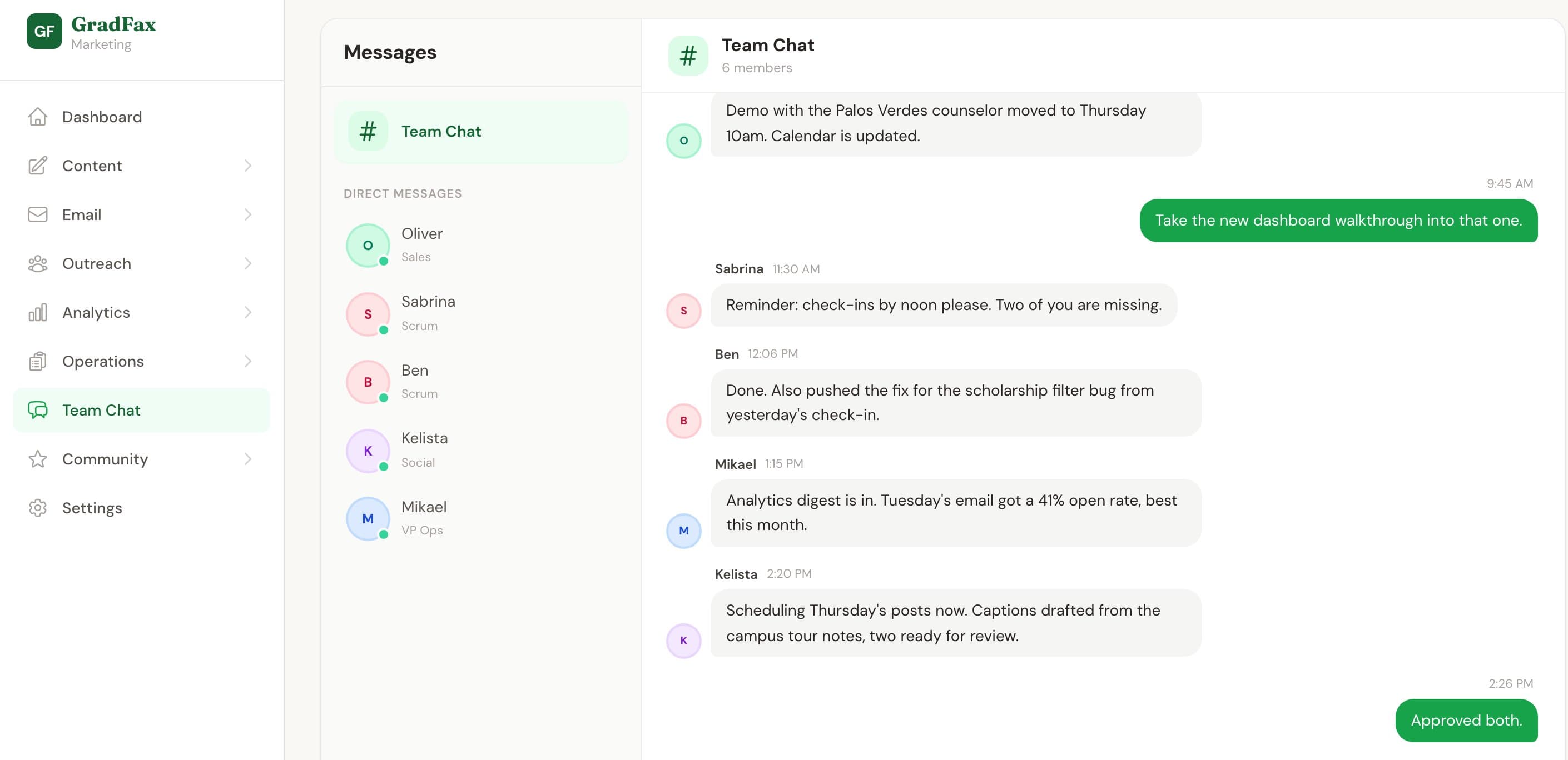 GradFax Marketing OS team chat with the whole team coordinating the day