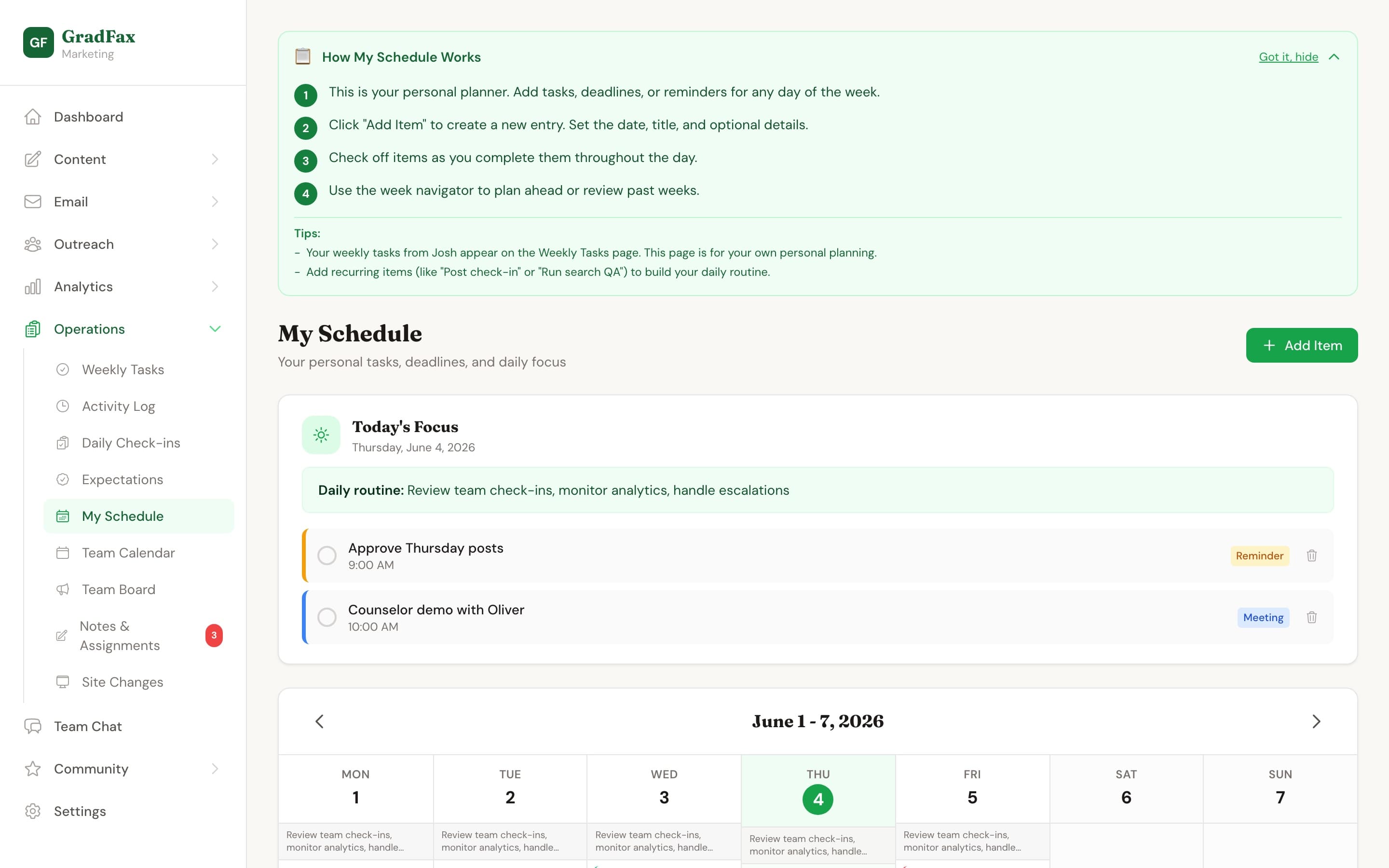 GradFax Marketing OS weekly team schedule