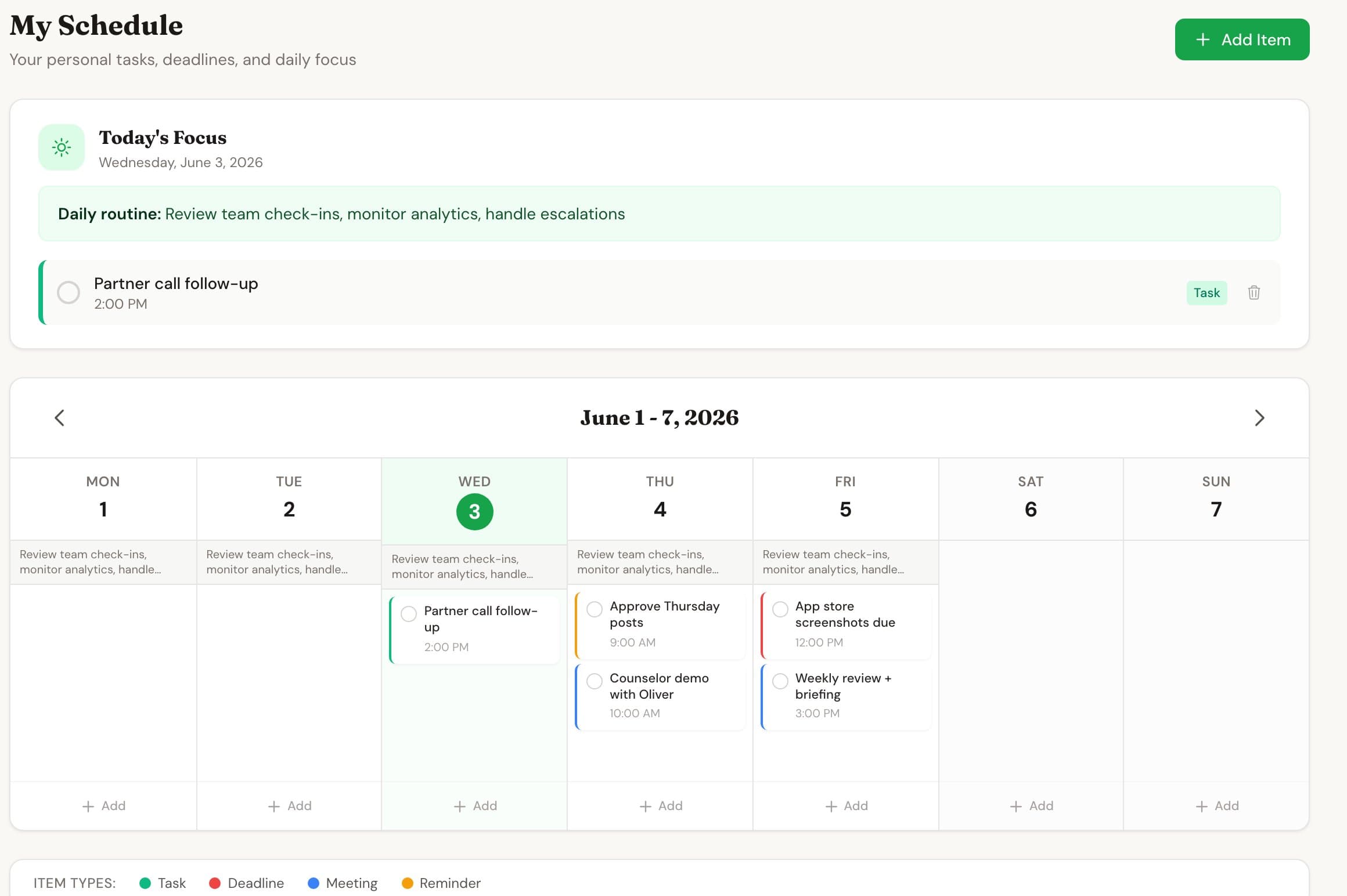 GradFax Marketing OS weekly schedule with the week planned out